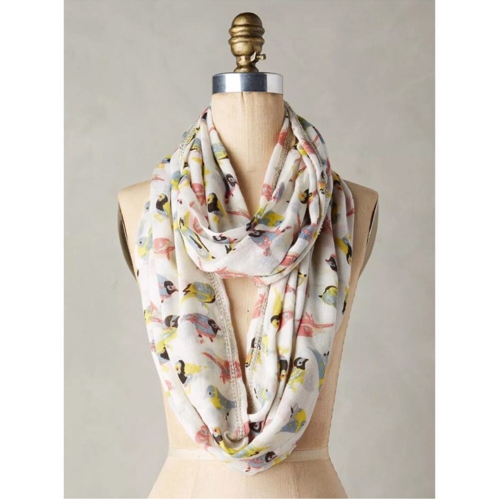 Anthropologie by Citrus Multicolor Beaded Ornithology Bird Print Infinity Scarf